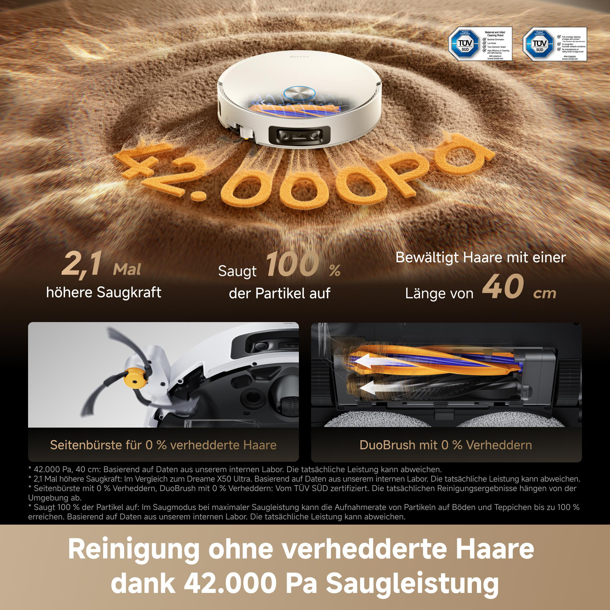 Ein weißer Saugroboter saugt Staub und Haare auf einem Teppich. 42.000 Pa Saugkraft.