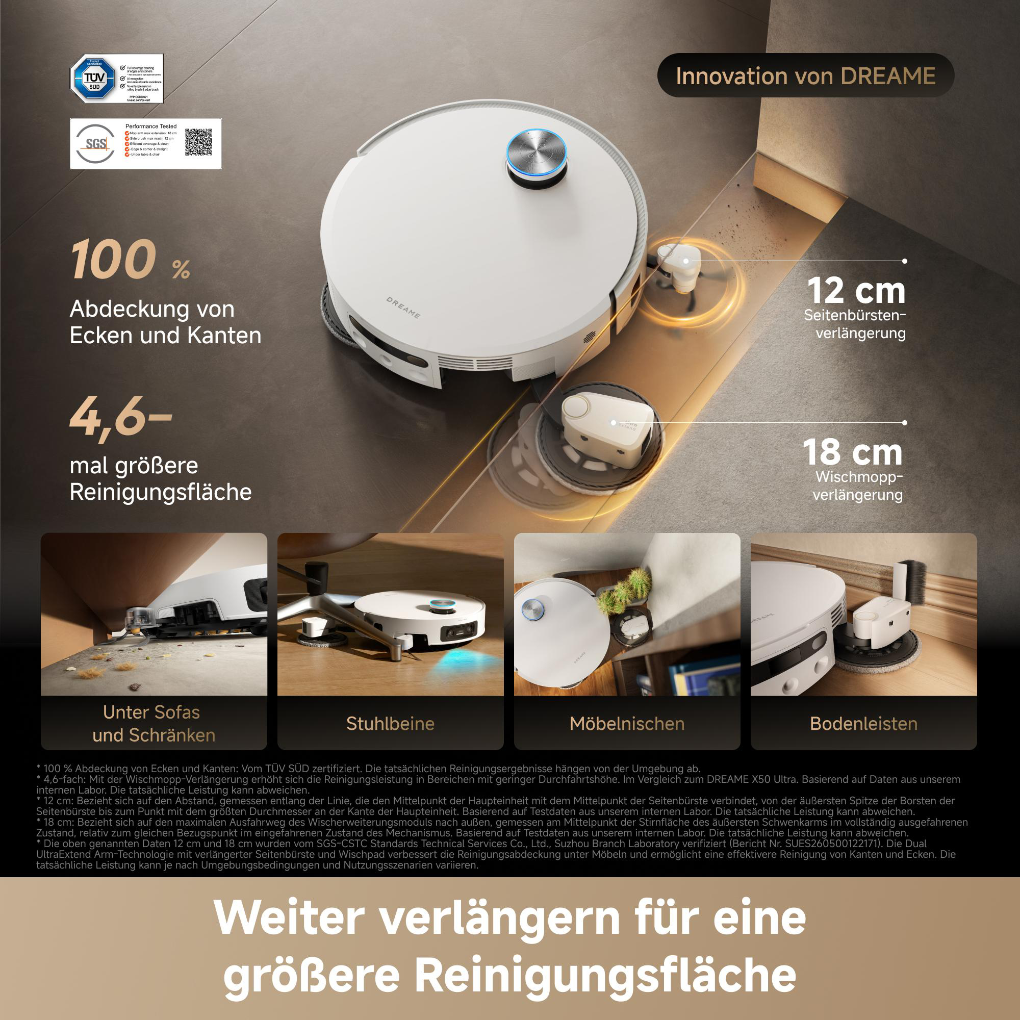 Ein weißer Saugroboter mit Seitenbürstenverlängerung und Wischmopp-Verlängerung.