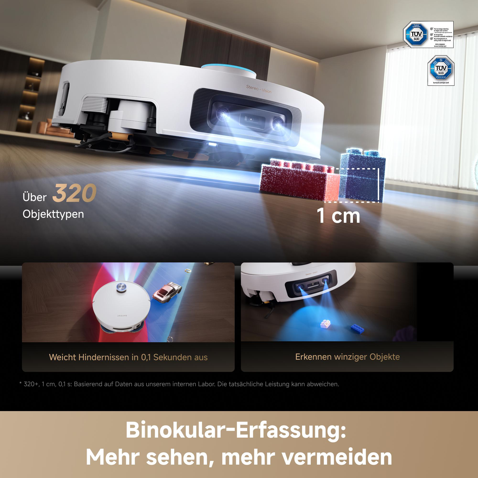 Ein weißer Saugroboter mit Stereo-Vision-Kamera erkennt kleine Objekte.