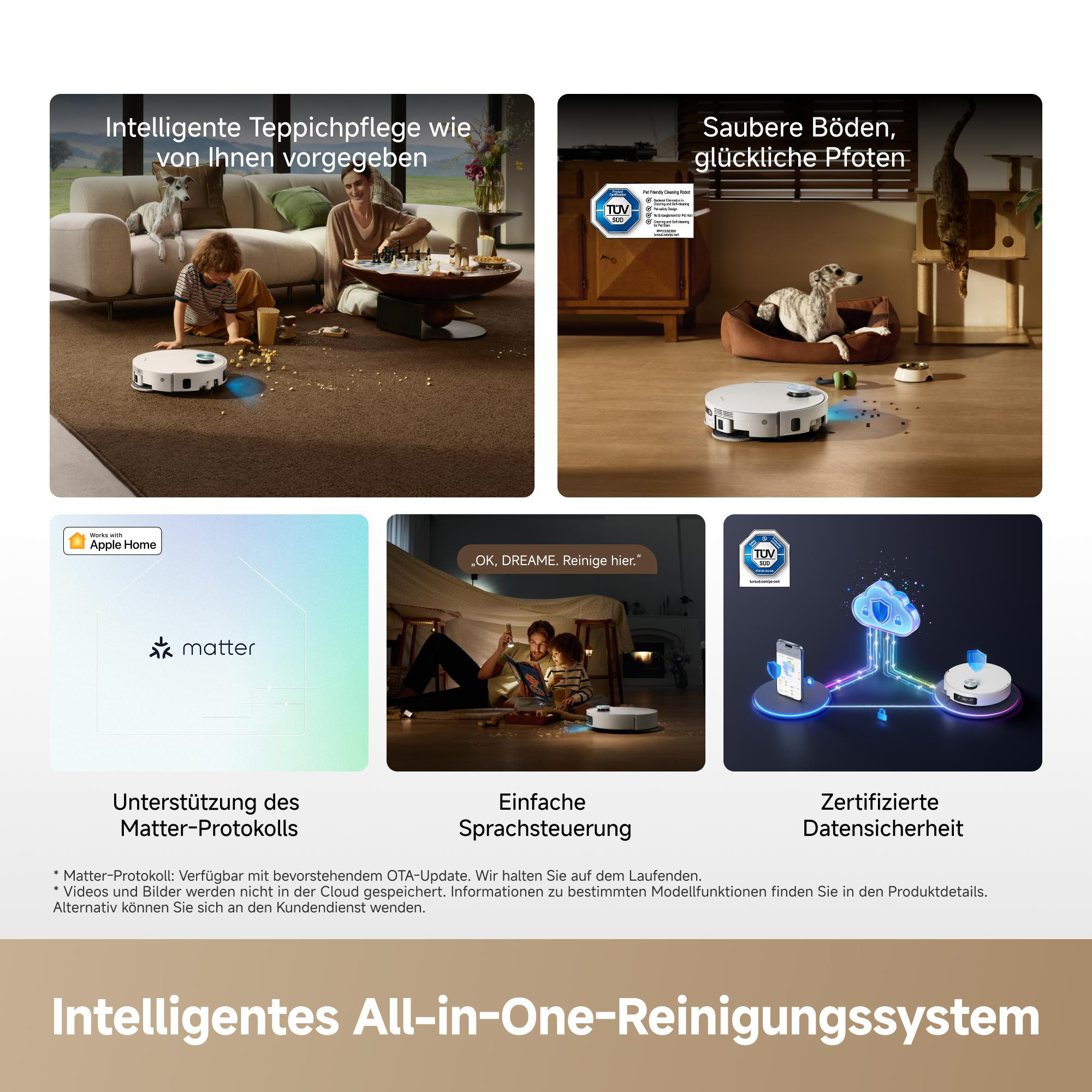 Roboter reinigt Teppichboden, Familie spielt Schach. Ein Hund schaut zu.