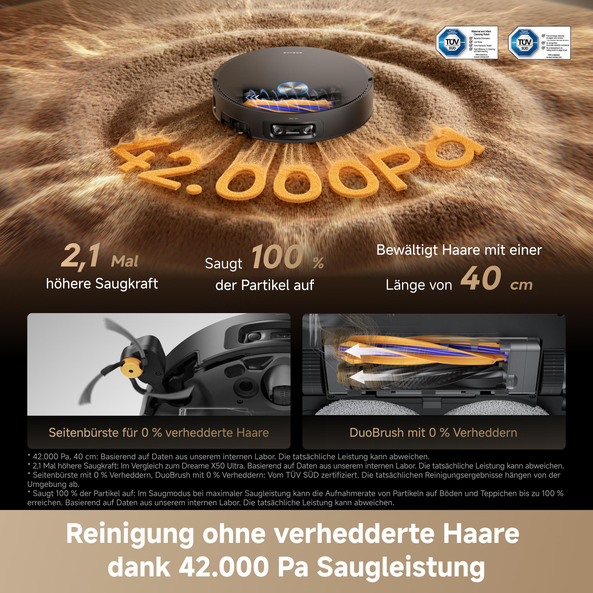 Ein Saugroboter auf sandigem Untergrund mit der Zahl 42.000 Pa.