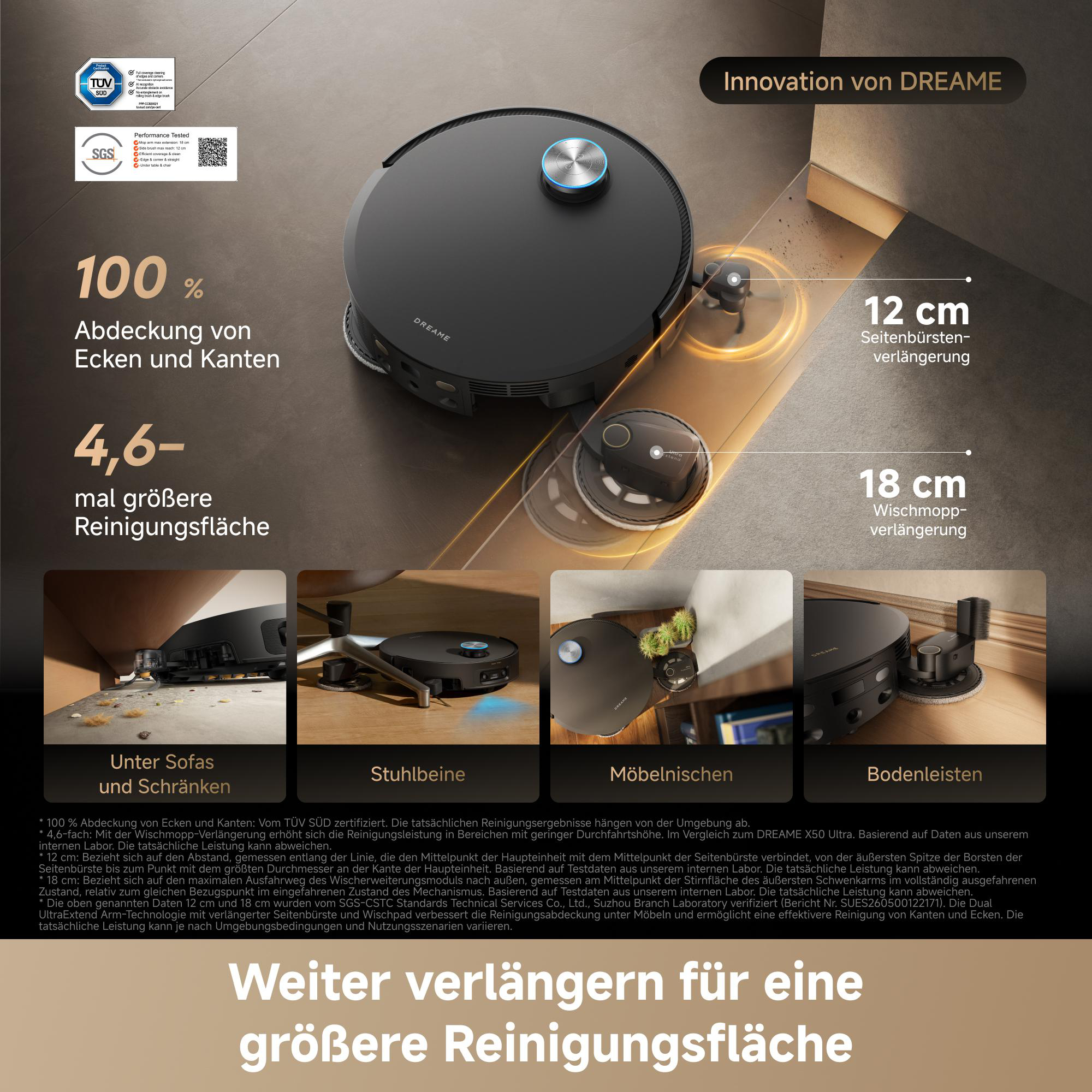Ein Saugroboter mit erweiterten Seitenbürsten und Wischmopp-Funktion zur besseren Randreinigung.
