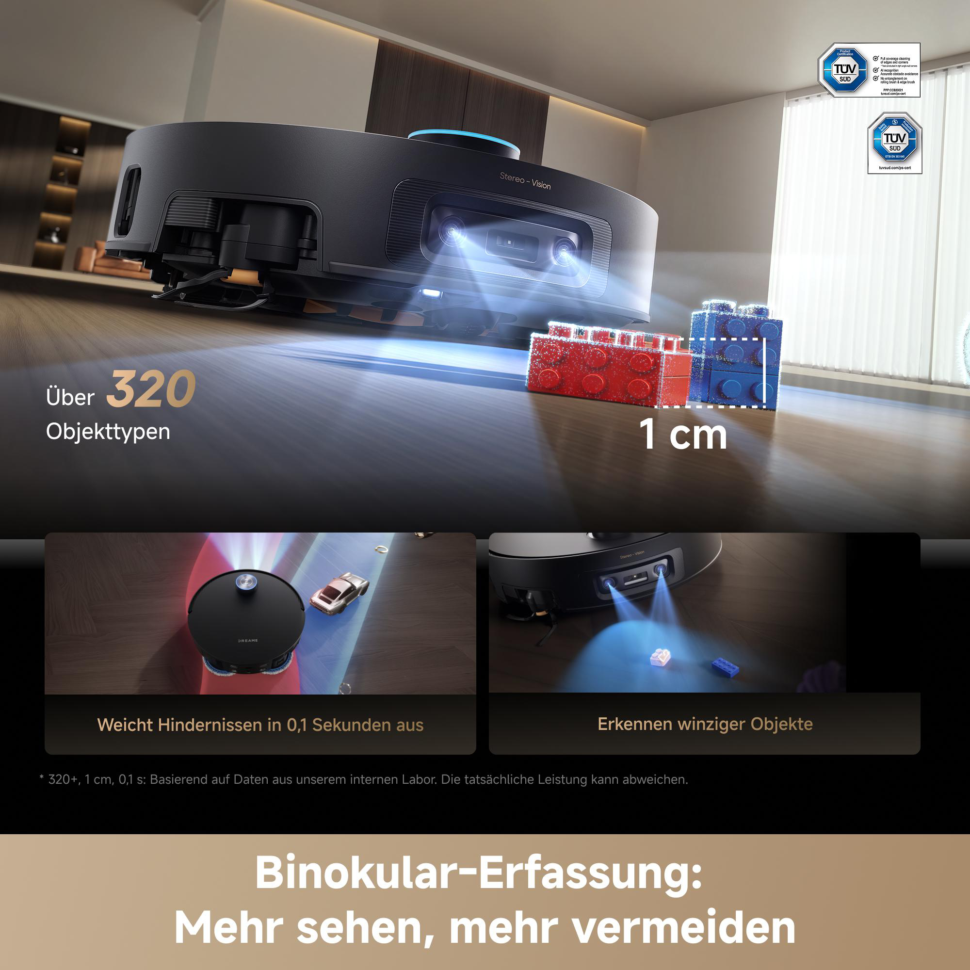 Ein Saugroboter mit Stereo-Vision-Technologie erkennt über 320 Objekttypen und weicht Hindernissen aus.