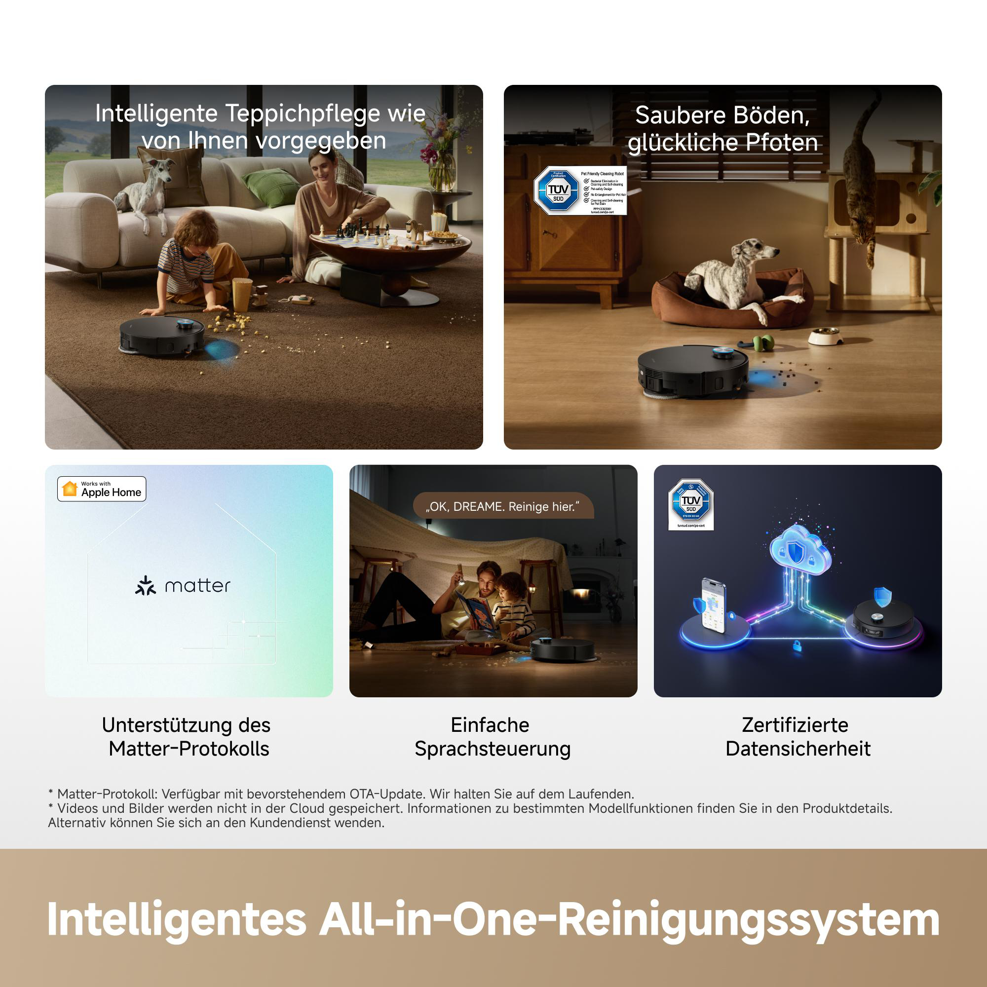Roboterstaubsauger reinigt Teppichboden, Familie spielt Schach. Weiteres Bild: Hund und Katze.