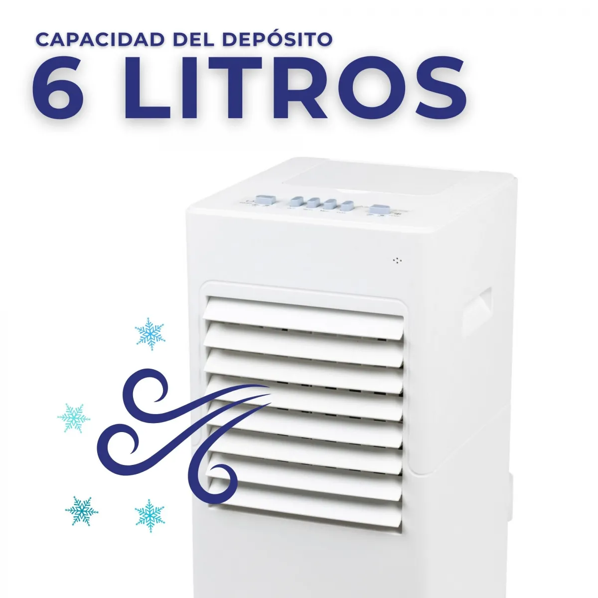 Un enfriador de aire blanco con capacidad de 6 litros y símbolos helados.
