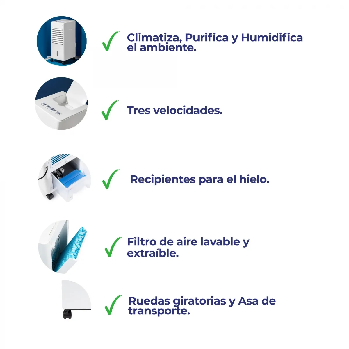Enfriador de aire con 3 velocidades, cubiteras, filtro lavable.