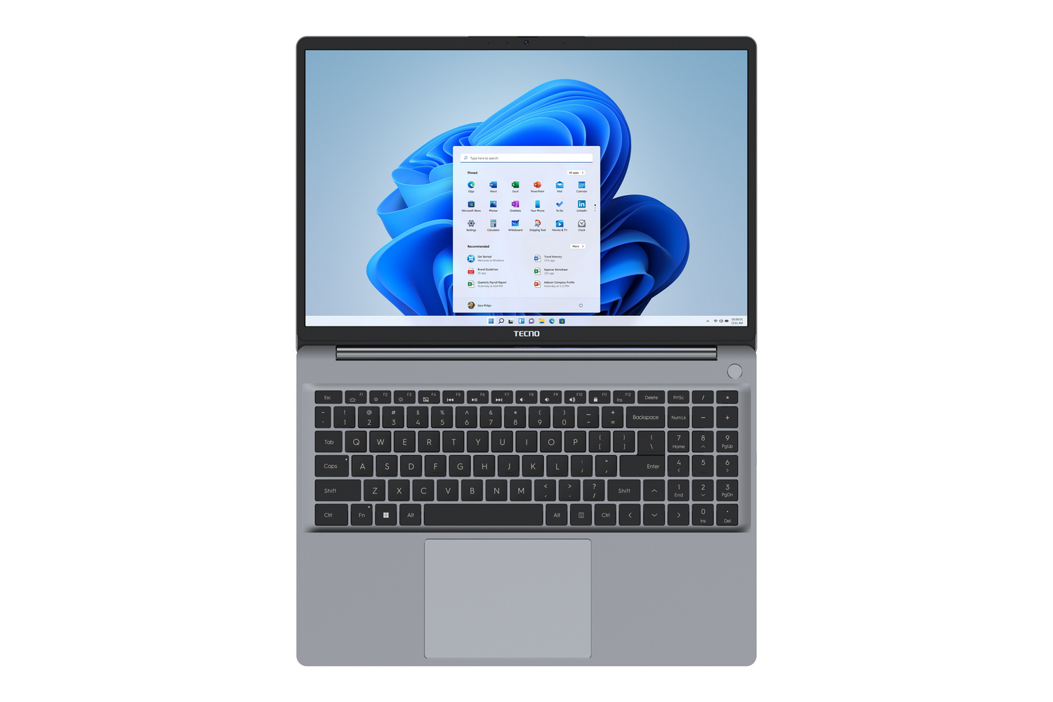 Un portátil gris con el menú de inicio de Windows 11 abierto en la pantalla.
