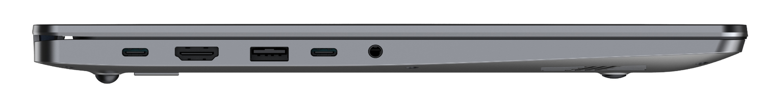 Vista lateral de un portátil gris mostrando puertos: USB-C, HDMI, USB-A y jack de auriculares.