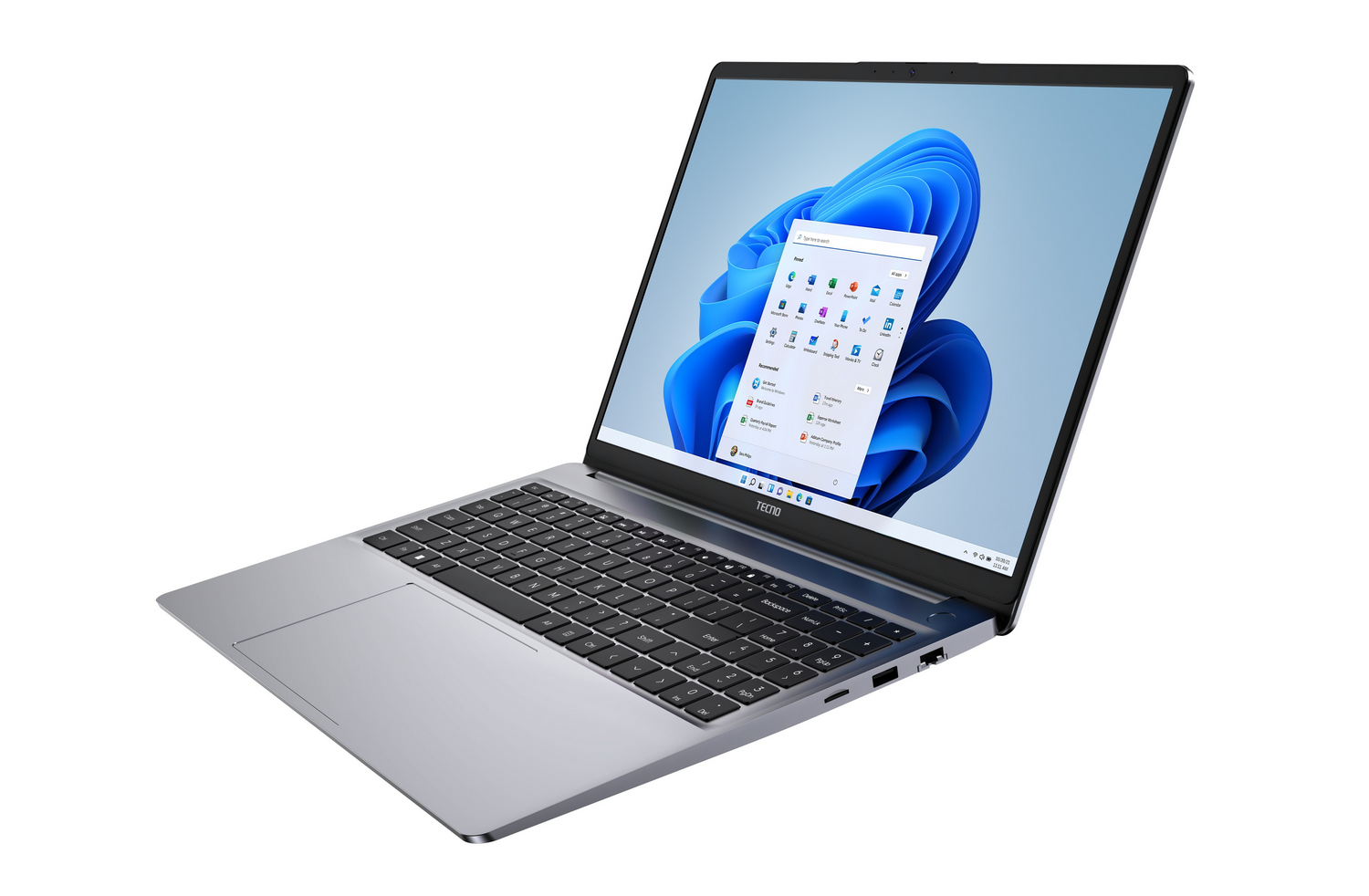 Portátil plateado con teclado retroiluminado, menú de inicio de Windows 11 en pantalla.