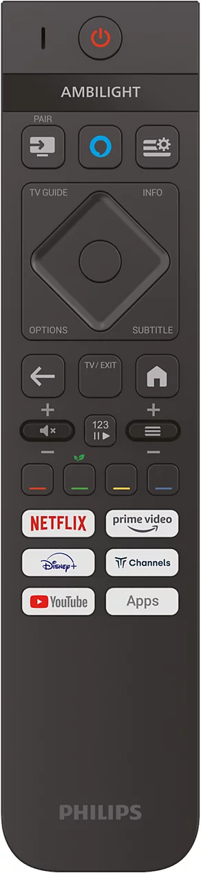 Un mando a distancia oscuro con logo Ambilight y botones para Netflix, Prime Video, Disney+, YouTube.