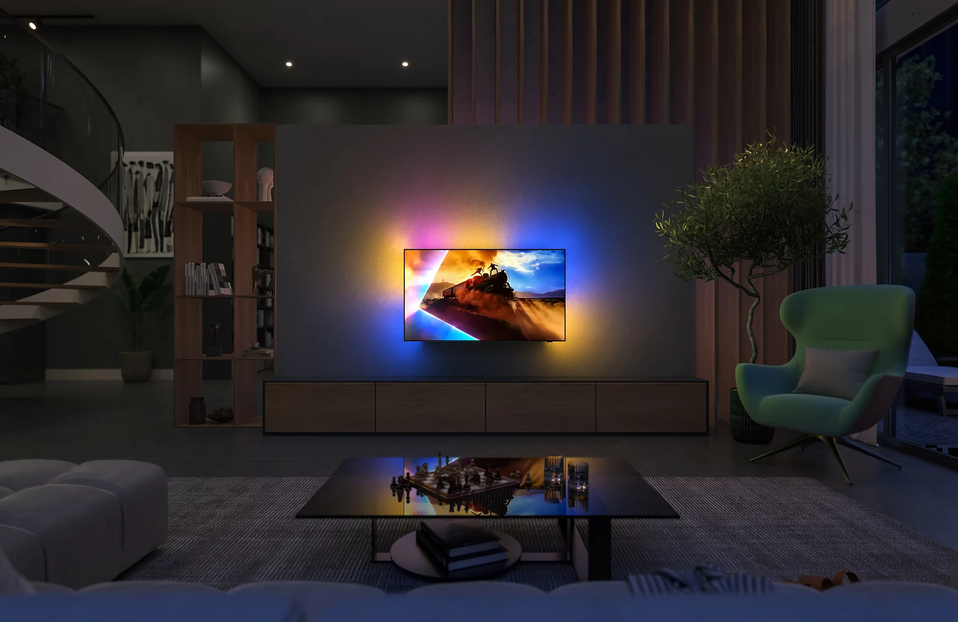 Una sala de estar moderna con un televisor que muestra una imagen de tren con luz de fondo colorida.
