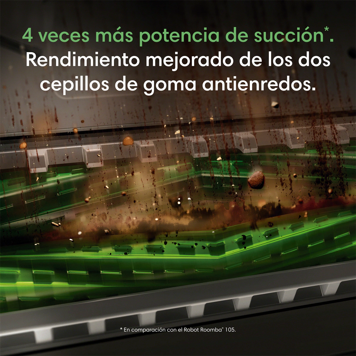 Primer plano de dos cepillos de goma recogiendo suciedad. Se ven luces verdes.