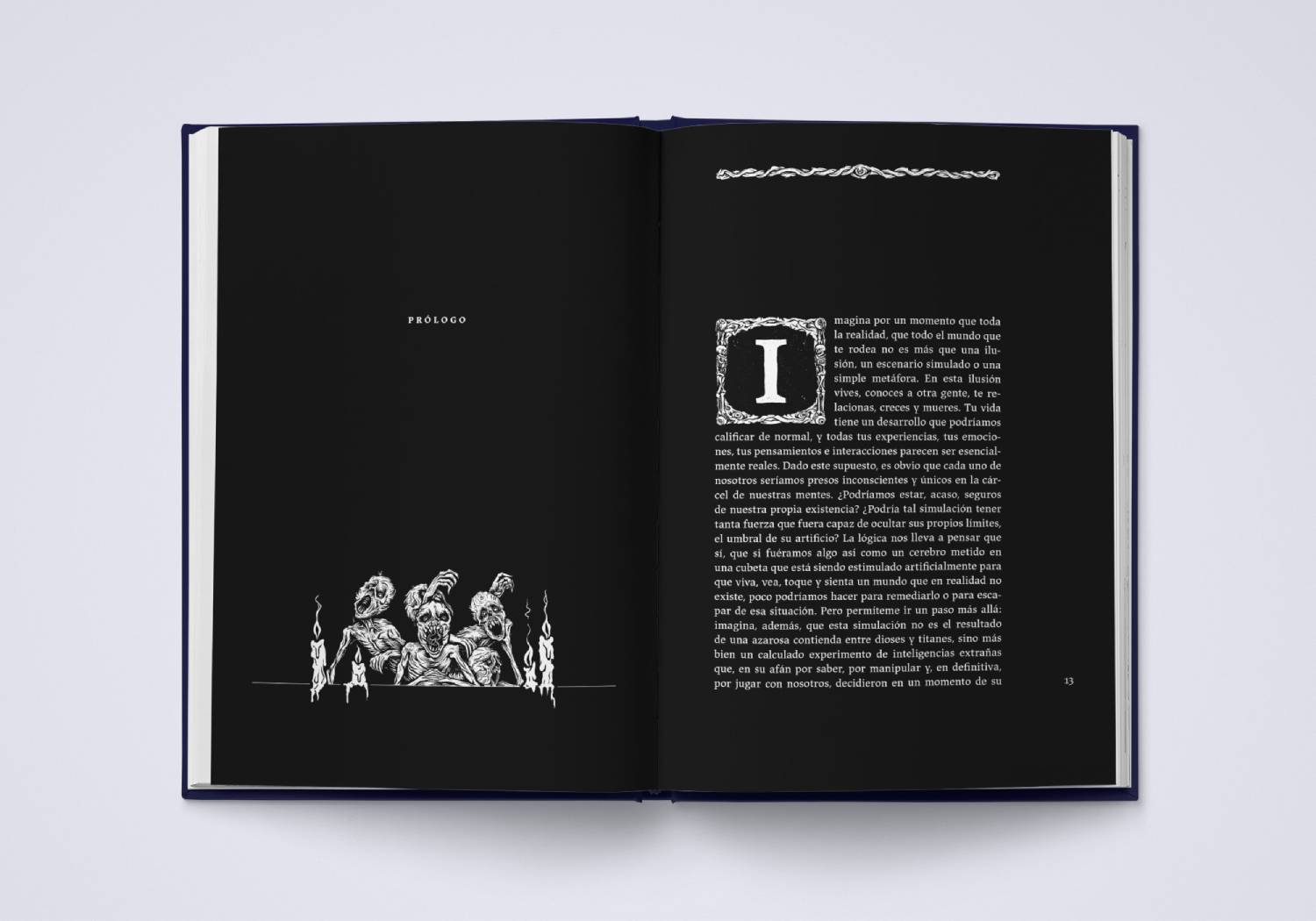 Páginas de libro con texto y una ilustración de esqueletos y velas.