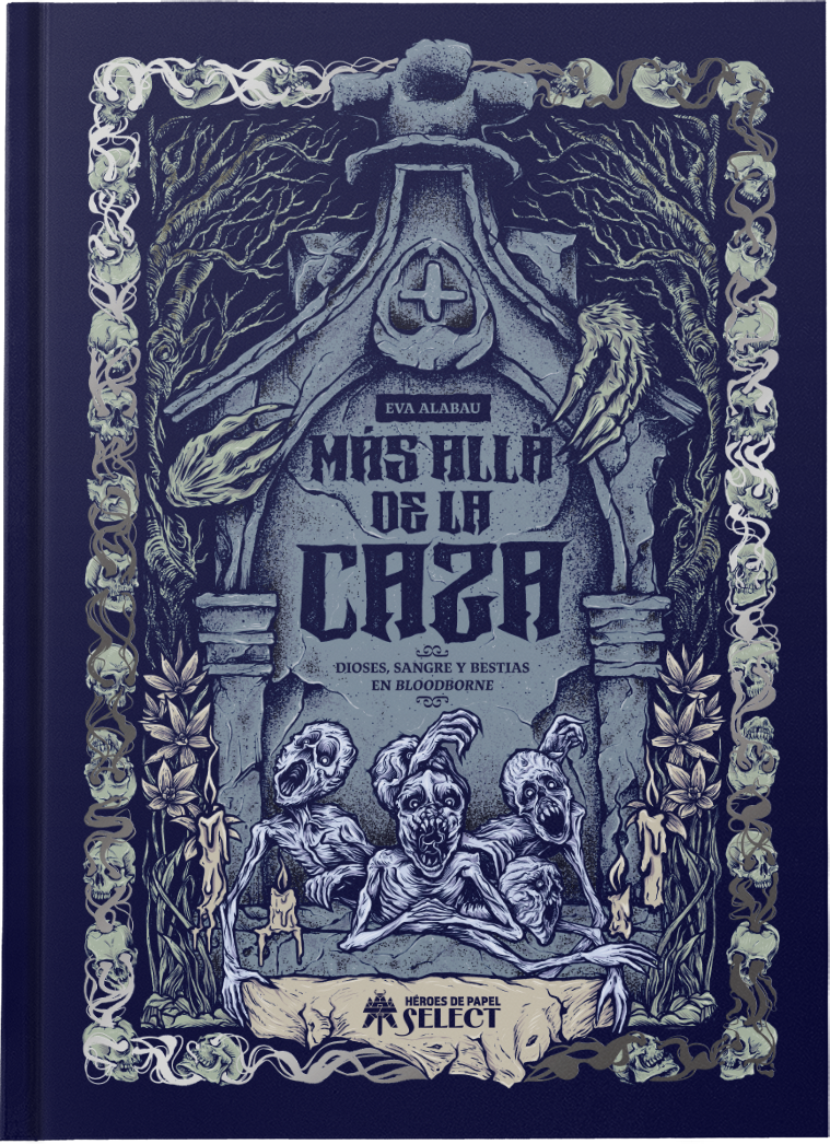 Portada de libro gótica: Esqueletos ante un arco, título abajo.