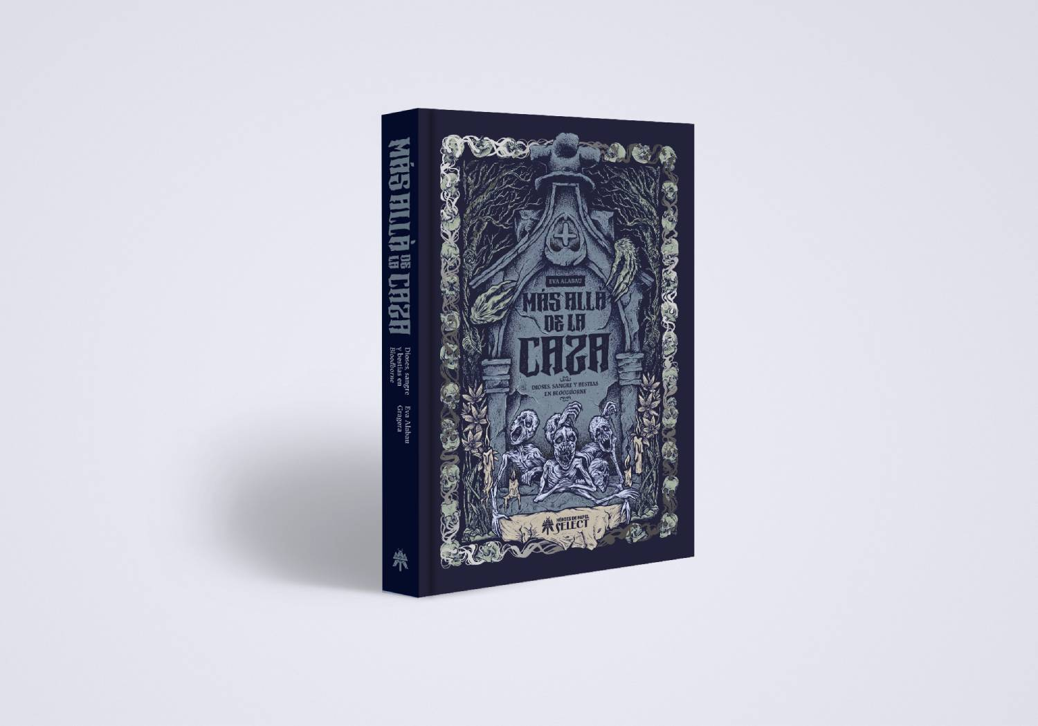 Portada de libro oscura con esqueletos frente a una lápida, árboles y calaveras.