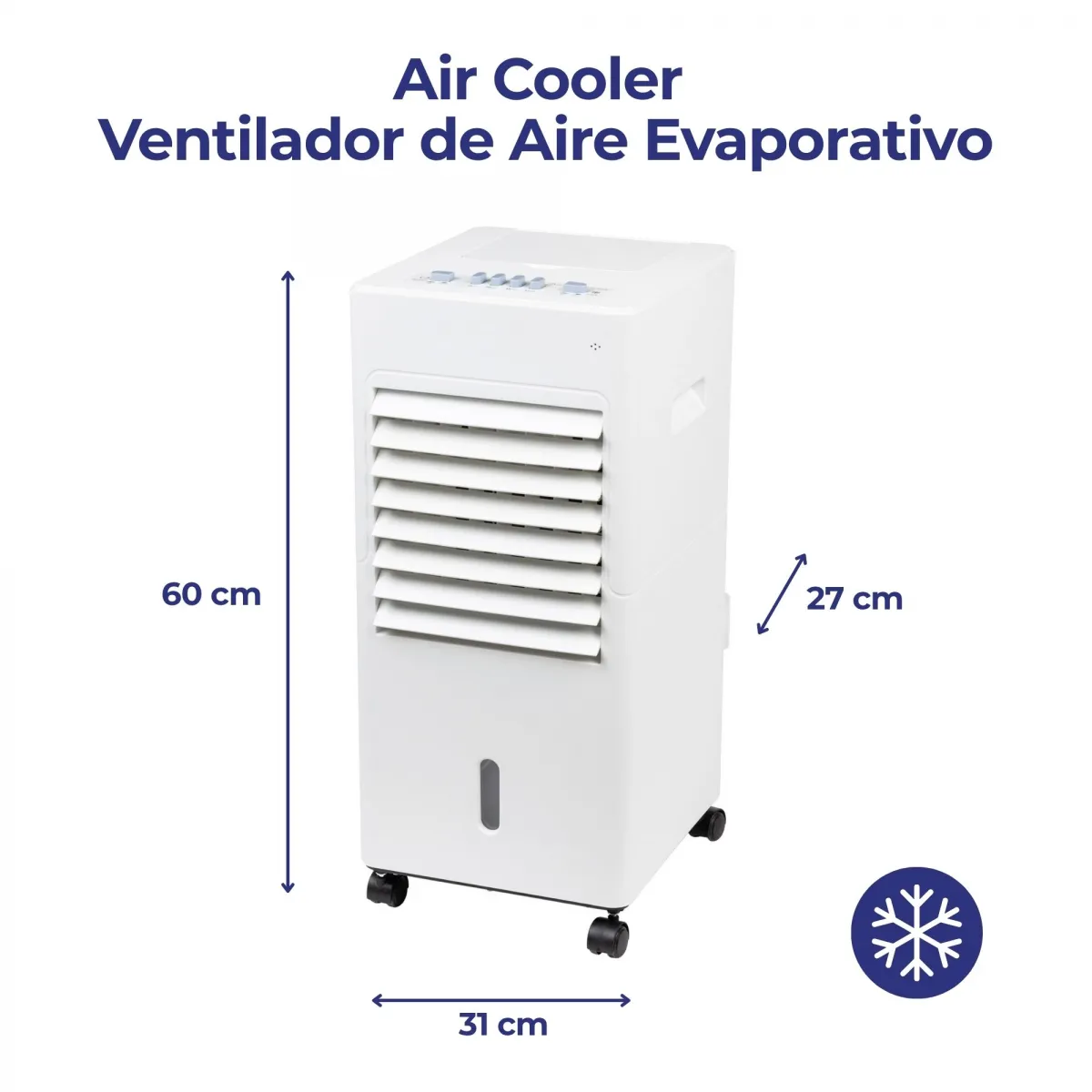 Enfriador evaporativo blanco con dimensiones 60x31x27cm con ruedas.