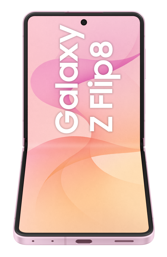 Różowy składany telefon Samsung Galaxy Z Flip 8 z abstrakcyjną grafiką w kolorze różowym i pomarańczowym.