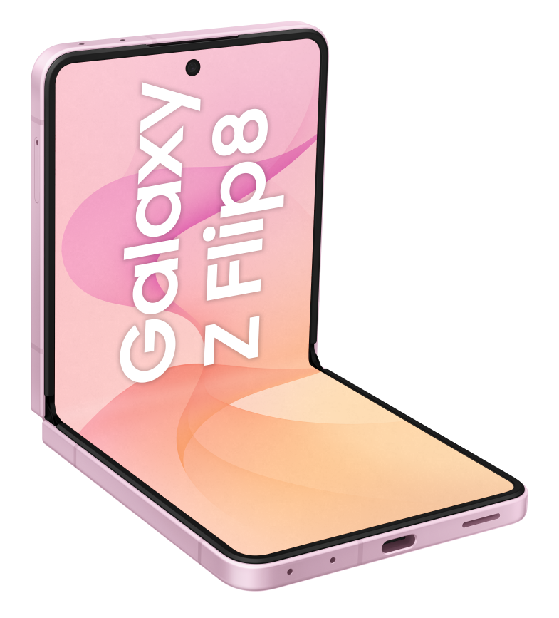 Wyświetlany jest różowy składany telefon Samsung Galaxy Z Flip 8.