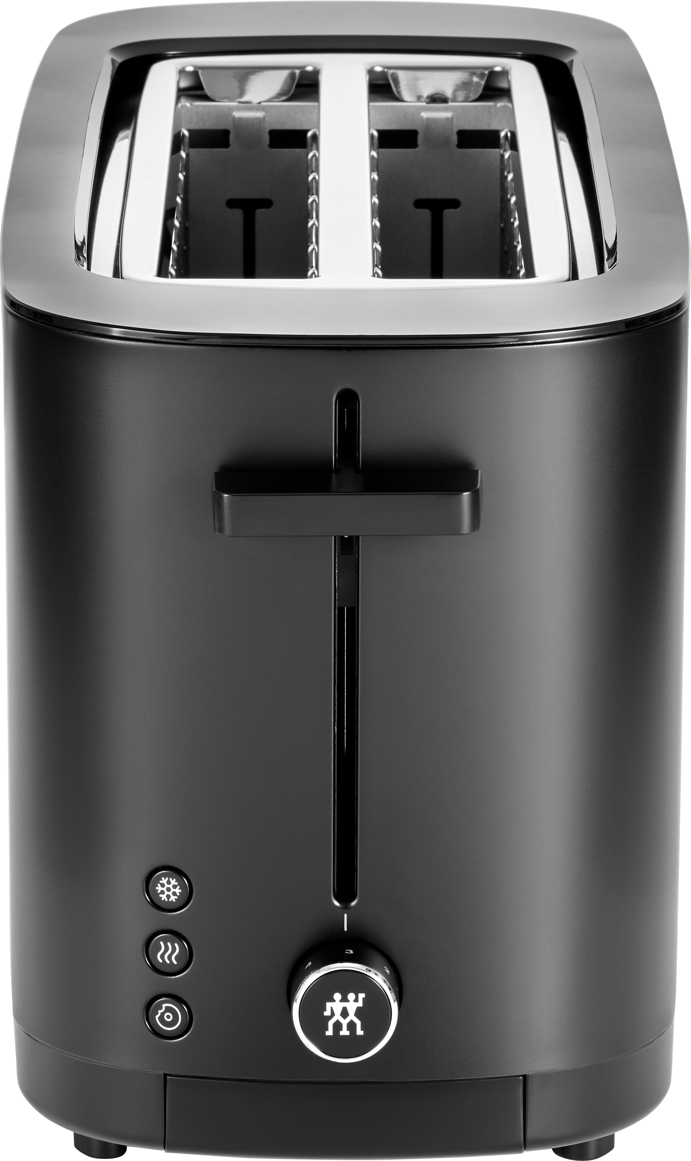 Ein schwarzer Toaster mit silbernem Rand und Bedienelementen.