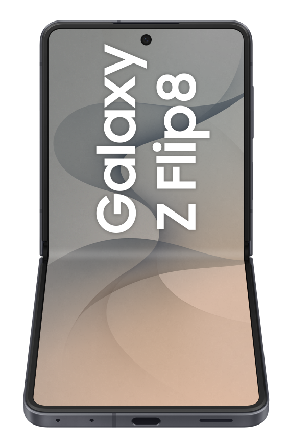Otwarty, składany smartfon Samsung Galaxy Z Flip 8 z napisem.