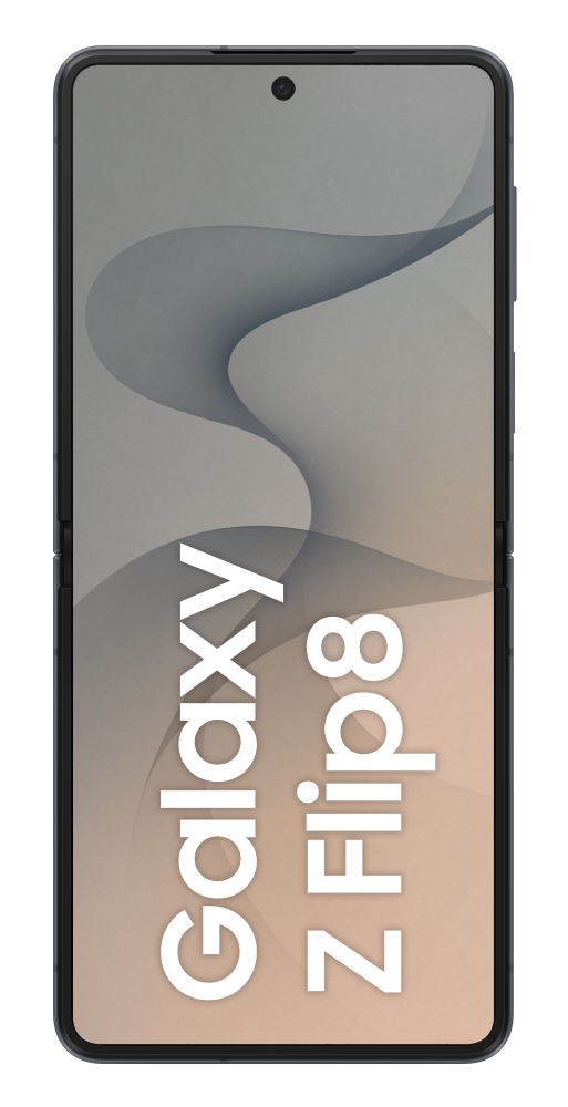 Ciemny, składany smartfon z napisem „Galaxy Z Flip8” na ekranie.