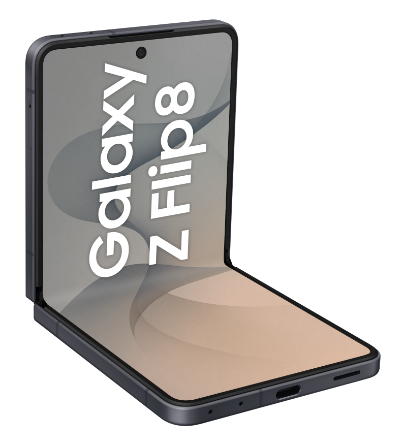Szary składany telefon Samsung Galaxy Z Flip 8, częściowo otwarty.
