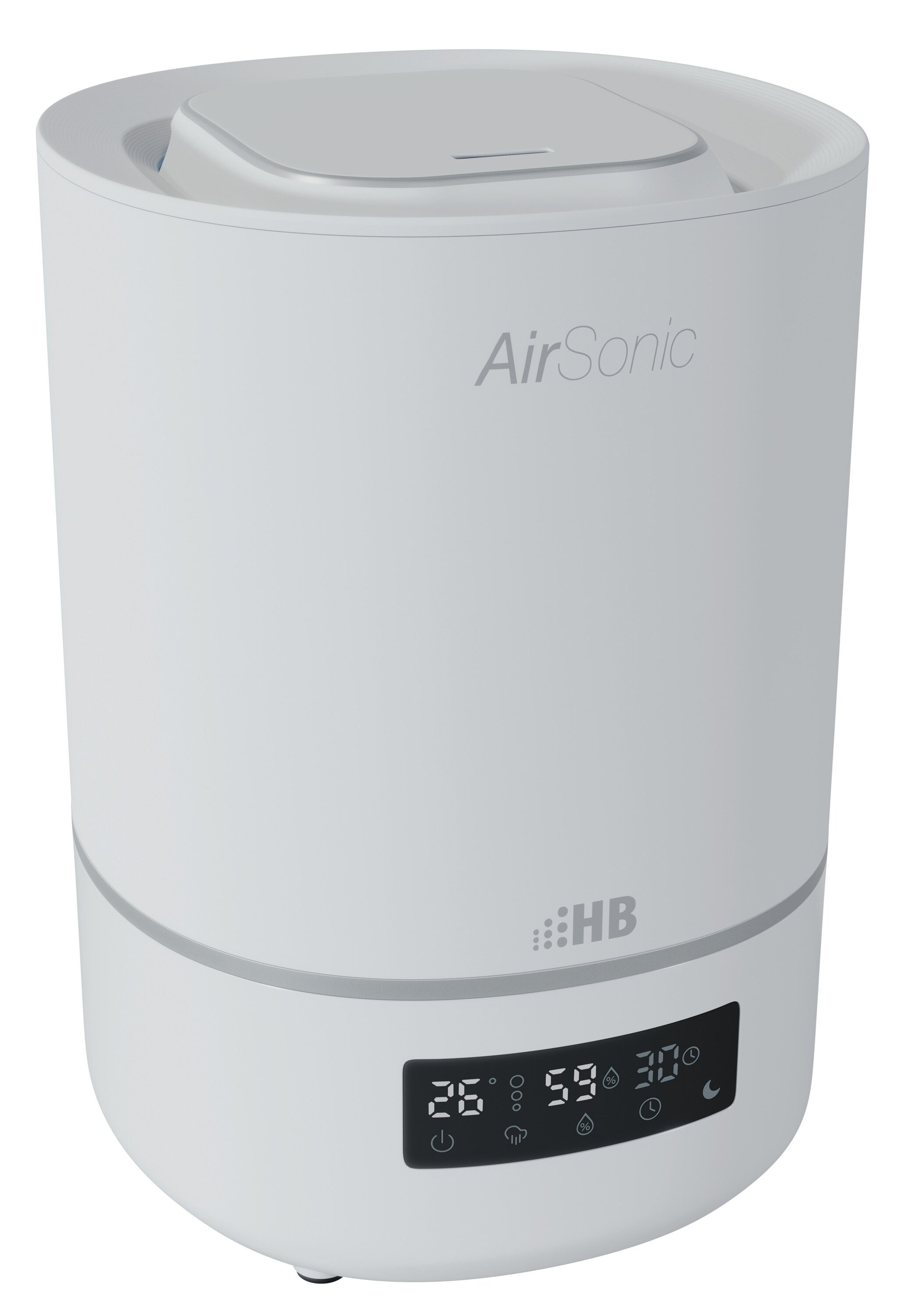 Biały nawilżacz powietrza z cyfrowym wyświetlaczem i logo 'AirSonic'.