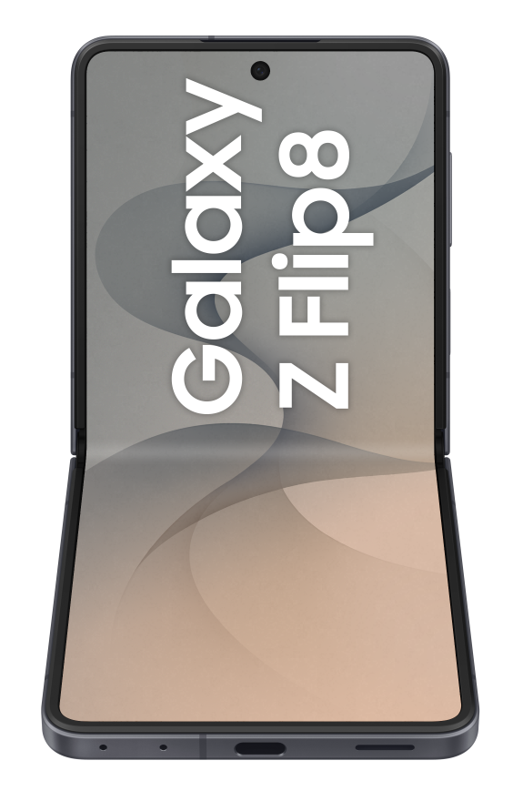 Otwarty smartfon Samsung Galaxy Z Flip 8 z białym napisem na ekranie.