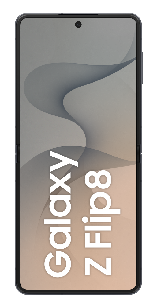 Zamknięty ciemnoszary smartfon z napisem Galaxy Z Flip 8.