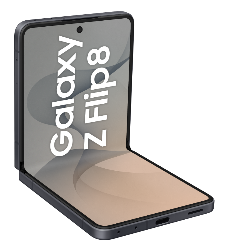 Rozłożony, ciemnoszary smartfon Samsung Galaxy Z Flip 8 z białym napisem.