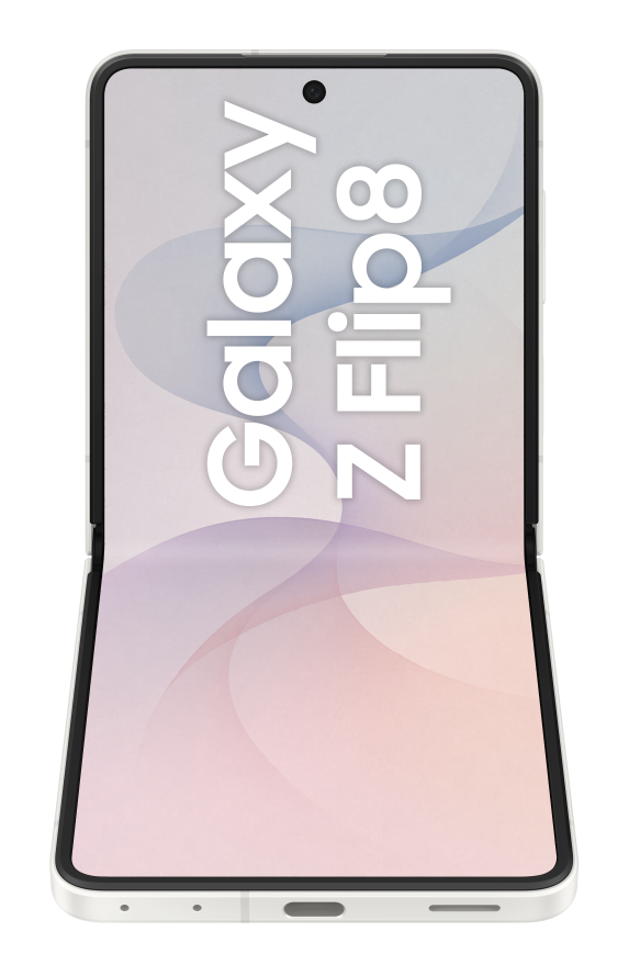 Biały telefon Samsung Galaxy Z Flip 8, otwarty, z ekranem i abstrakcyjnym wzorem.