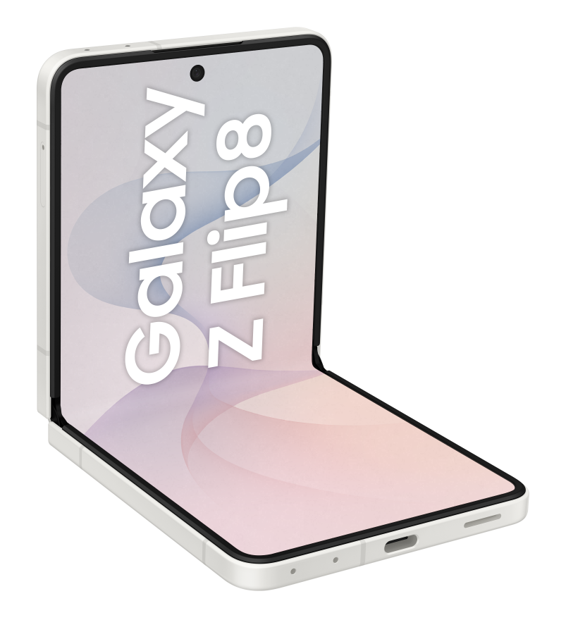 Biały smartfon Samsung Galaxy Z Flip 8, wpół otwarty, z tekstem na ekranie.