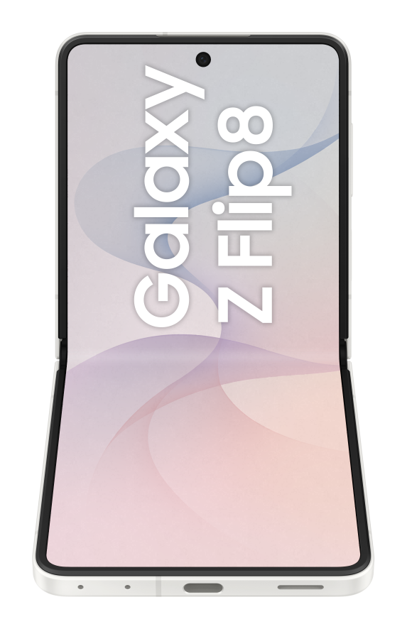 Otwarty, biały smartfon Samsung Galaxy Z Flip 8 z napisem na ekranie.