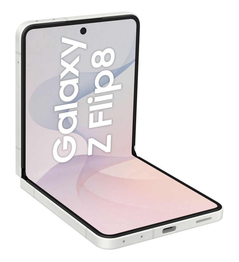 Biały smartfon Samsung Galaxy Z Flip 8, częściowo otwarty. Tekst na ekranie.