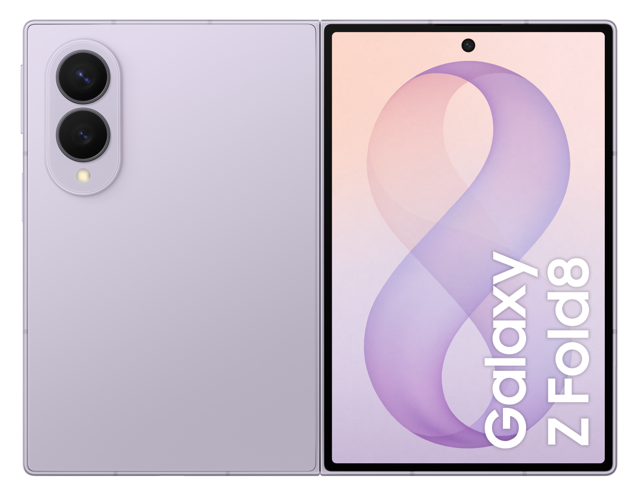 Fioletowy składany smartfon, po lewej kamery, po prawej logo 'Galaxy Z Fold8'.