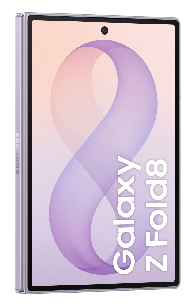 Zamknięty fioletowy Samsung Galaxy Z Fold8 z falistym wzorem na ekranie.