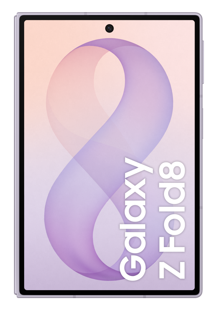 Fioletowy składany telefon Samsung Galaxy Z Fold8 z grafiką wstążki na ekranie.