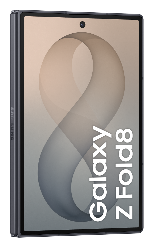 Zamknięty smartfon Samsung Galaxy Z Fold 8 w kolorze ciemnoszarym z napisem „Galaxy Z Fold8”.