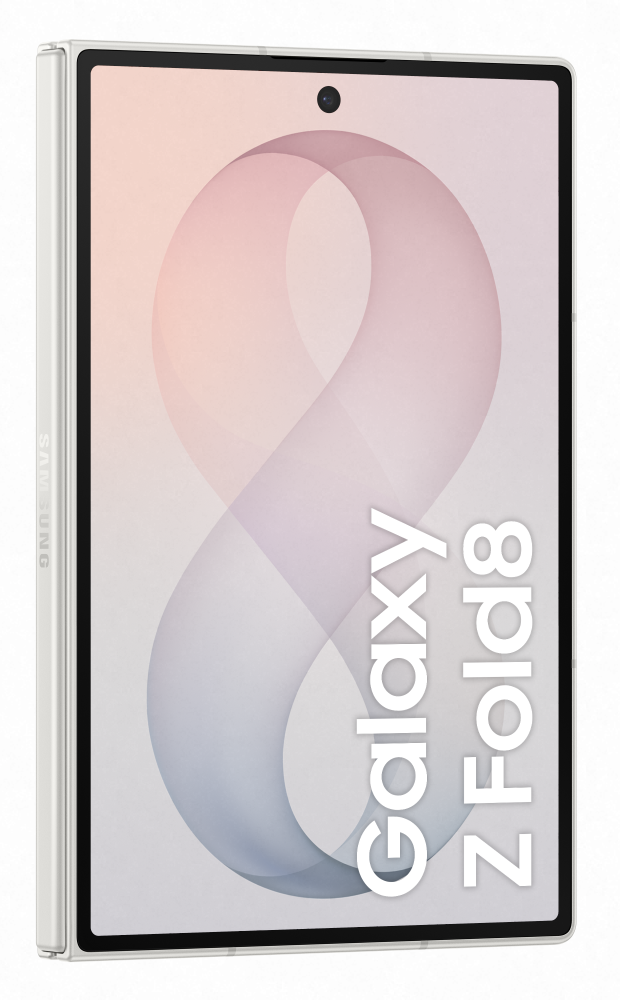 Zamknięty biały Samsung Galaxy Z Fold 8 na minimalistycznym tle.