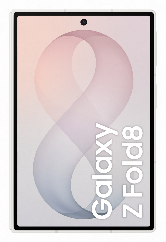Biały tablet Samsung Galaxy Z Fold8 z abstrakcyjnym różowo-niebieskim tłem.