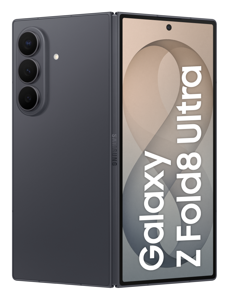 Szary Samsung Galaxy Z Fold 8 Ultra na czarnym tle.
