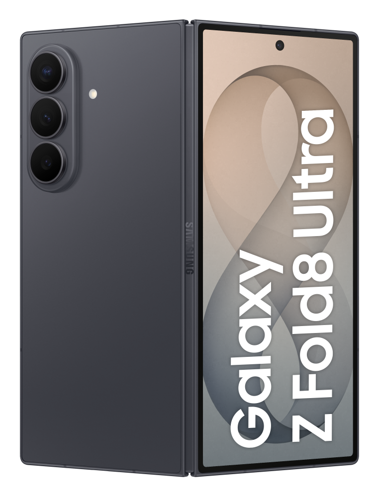 Ciemny smartfon Samsung Galaxy Z Fold8 Ultra, rozłożony z aparatami z tyłu.