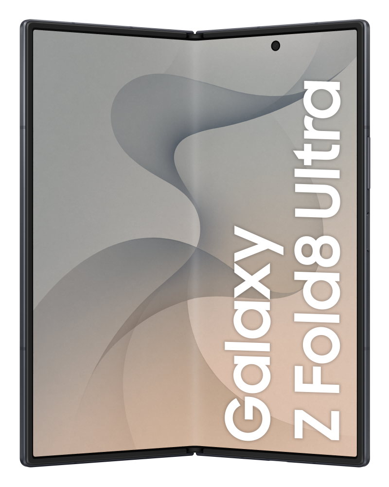 Częściowo złożony szary smartfon, Galaxy Z Fold8 Ultra, wyświetla jasnoszary i beżowy abstrakcyjny wzór fal.