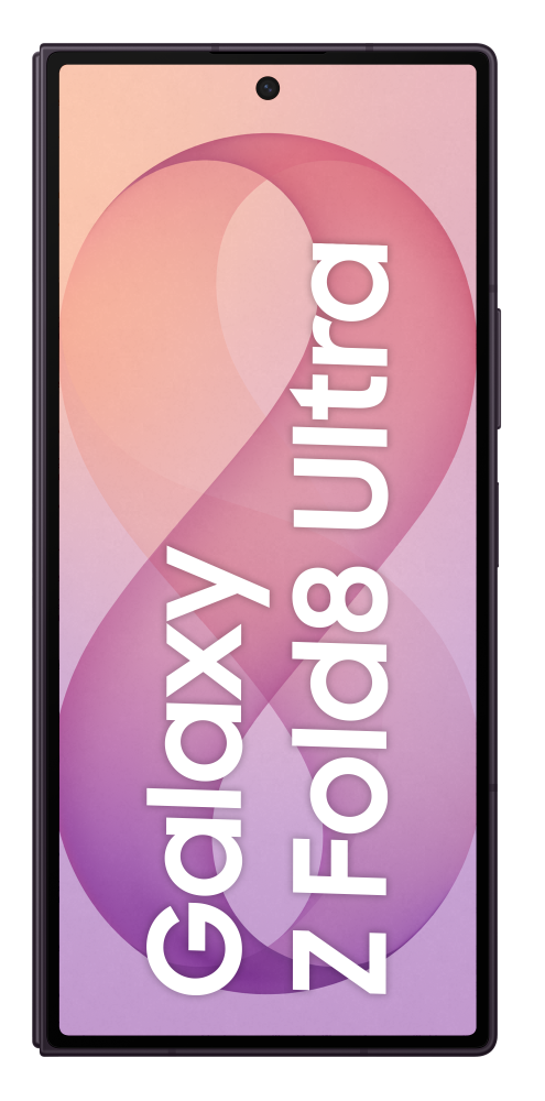 Ciemny smartfon wyświetla "Galaxy Z Fold8 Ultra" na fioletowo-pomarańczowym tle.