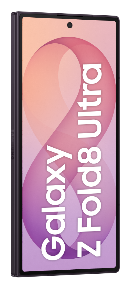 Telefon Samsung Galaxy Z Fold 8 Ultra na tle fioletowo-pomarańczowym.