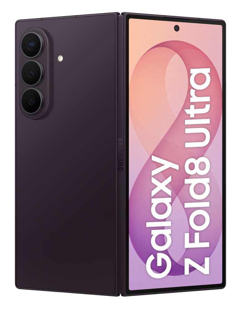 Fioletowy składany telefon Samsung Galaxy Z Fold 8 Ultra z trzema aparatami.