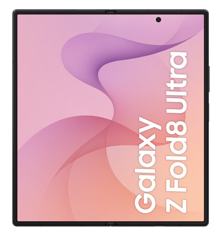 Otwarty telefon składany wyświetla fioletowo-różowe tło z napisem Galaxy Z Fold8 Ultra.