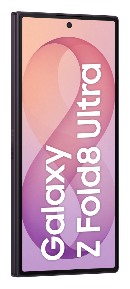 Zamknięty fioletowy smartfon Samsung Galaxy Z Fold 8 Ultra na białym tle.