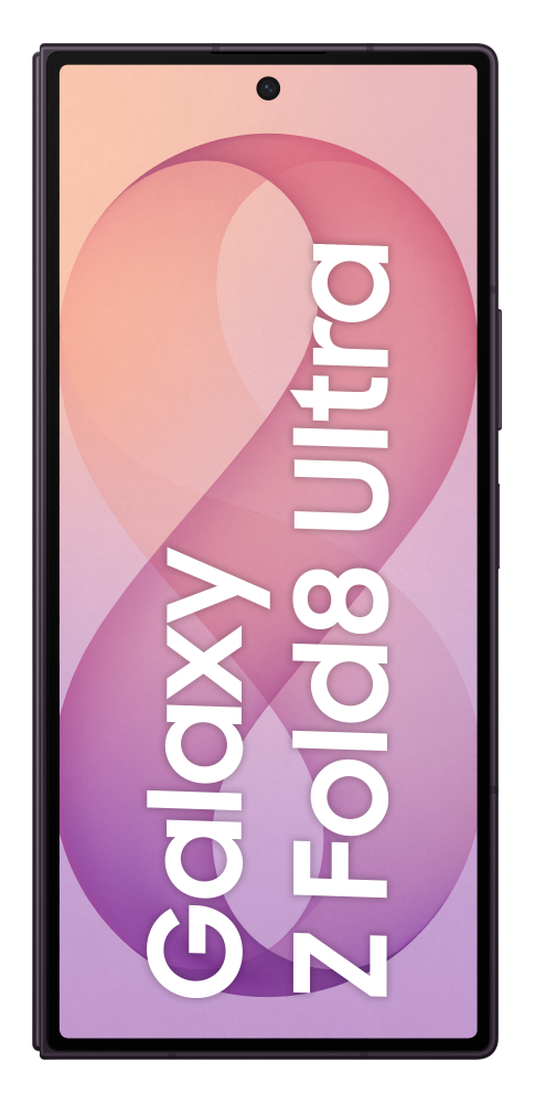 Zamknięty fioletowy smartfon Samsung Galaxy Z Fold 8 Ultra z abstrakcyjnym tłem.