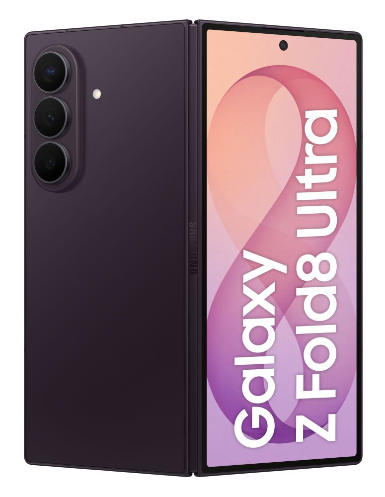 Otwarty, fioletowy Samsung Galaxy Z Fold 8 Ultra z trzema tylnymi aparatami.